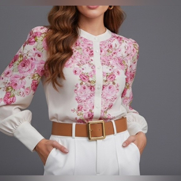 Pink Floral Print Button Front Blouse - Picture 2 of 9